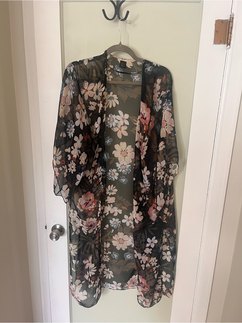 Sheer Floral Kimono Robe in Black with Pink & Cream Blooms